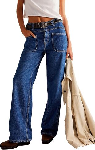 D-Sun Women Wide Leg Jeans Baggy Mid Rise Boyfriend Denim Pants Straight Leg Button-Adjustable Waist with Patch Pockets in Saudi Arabia