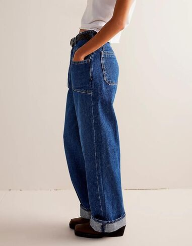 D-Sun Women Wide Leg Jeans Baggy Mid Rise Boyfriend Denim Pants Straight Leg Button-Adjustable Waist with Patch Pockets in Saudi Arabia