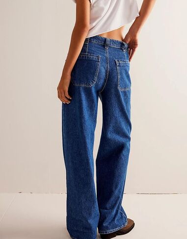 D-Sun Women Wide Leg Jeans Baggy Mid Rise Boyfriend Denim Pants Straight Leg Button-Adjustable Waist with Patch Pockets in Saudi Arabia