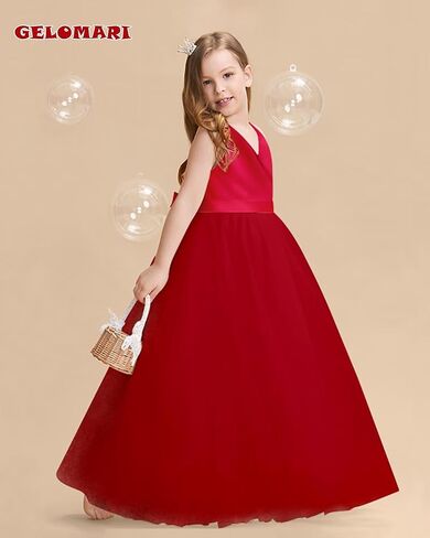 فساتين الفتيات زهرة 5-14Y الخامس الرقبة تول فتاة اللباس الأنيق حزب الكرة ثوب مع عقدة القوس in Kuwait