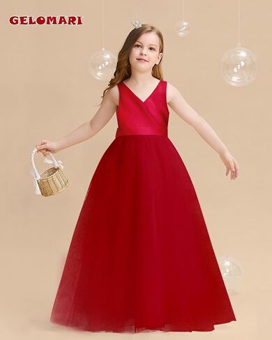 فساتين الفتيات زهرة 5-14Y الخامس الرقبة تول فتاة اللباس الأنيق حزب الكرة ثوب مع عقدة القوس in Kuwait