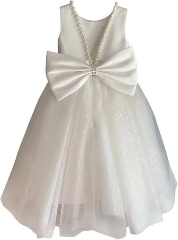 Glitter Tulle Flower Girl Dress V-Back Girls Party Dress with Pearls Princess Full-Length Bow-Knot Pageant Dress in Saudi Arabia