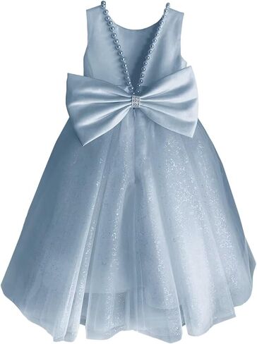 Glitter Tulle Flower Girl Dress V-Back Girls Party Dress with Pearls Princess Full-Length Bow-Knot Pageant Dress in Saudi Arabia