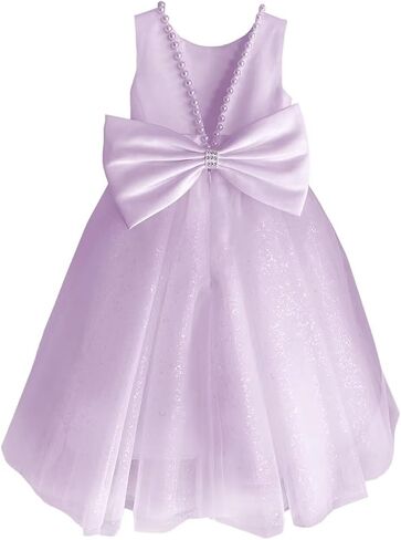 Glitter Tulle Flower Girl Dress V-Back Girls Party Dress with Pearls Princess Full-Length Bow-Knot Pageant Dress in Saudi Arabia