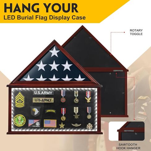 حقيبة عرض كبيرة لعلم الدفن مع ضوء LED، صندوق ظلال ميدالية عسكرية للمحاربين القدامى يناسب 5 × 9.5 بوصة إطار عرض تذكاري خشبي لعلم الجنازة الأمريكي المطوي هدية لهواة الجمع والآباء in Kuwait