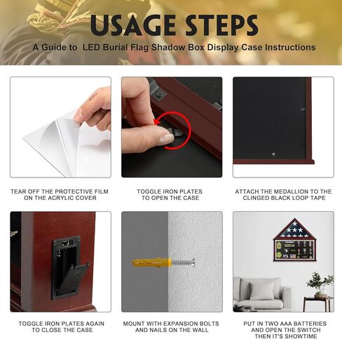حقيبة عرض كبيرة لعلم الدفن مع ضوء LED، صندوق ظلال ميدالية عسكرية للمحاربين القدامى يناسب 5 × 9.5 بوصة إطار عرض تذكاري خشبي لعلم الجنازة الأمريكي المطوي هدية لهواة الجمع والآباء in Kuwait