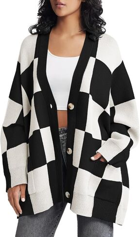 Saodimallsu Womens Checkered Sweater Color Block Plaid Oversized Cardigan Long Sleeve V Neck Button Down Knit Coats in Saudi Arabia