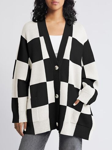 Saodimallsu Womens Checkered Sweater Color Block Plaid Oversized Cardigan Long Sleeve V Neck Button Down Knit Coats in Saudi Arabia