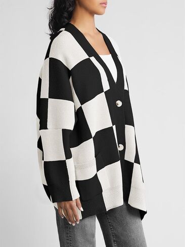 Saodimallsu Womens Checkered Sweater Color Block Plaid Oversized Cardigan Long Sleeve V Neck Button Down Knit Coats in Saudi Arabia