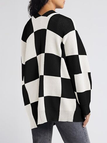 Saodimallsu Womens Checkered Sweater Color Block Plaid Oversized Cardigan Long Sleeve V Neck Button Down Knit Coats in Saudi Arabia