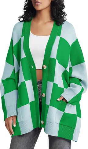 Saodimallsu Womens Checkered Sweater Color Block Plaid Oversized Cardigan Long Sleeve V Neck Button Down Knit Coats in Saudi Arabia