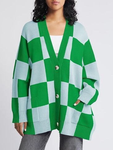 Saodimallsu Womens Checkered Sweater Color Block Plaid Oversized Cardigan Long Sleeve V Neck Button Down Knit Coats in Saudi Arabia