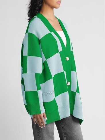 Saodimallsu Womens Checkered Sweater Color Block Plaid Oversized Cardigan Long Sleeve V Neck Button Down Knit Coats in Saudi Arabia