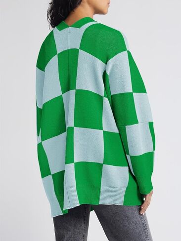 Saodimallsu Womens Checkered Sweater Color Block Plaid Oversized Cardigan Long Sleeve V Neck Button Down Knit Coats in Saudi Arabia