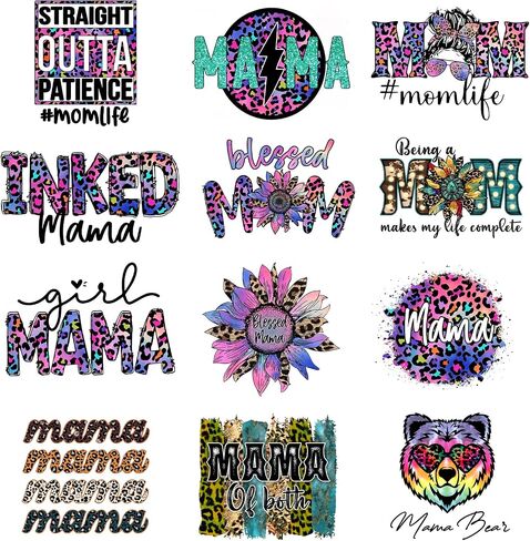 12Pcs Inked Mama Iron On Decals for Clothing Blessed Mama Iron On Patches Sunflower Washable DIY Heat Transfer Stickers for T-Shirt Jean in Kuwait