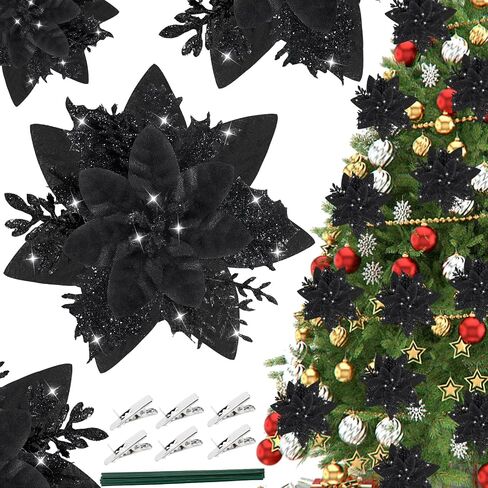 16Pcs Christmas Poinsettia Flower Decorations Artificial Glitter Poinsettia Decorations Black Poinsettia Christmas Ornaments Poinsettia Christmas Tree Decoration for Xmas Wreath Wedding Party Decor in Kuwait