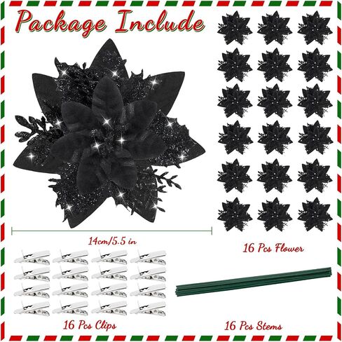 16Pcs Christmas Poinsettia Flower Decorations Artificial Glitter Poinsettia Decorations Black Poinsettia Christmas Ornaments Poinsettia Christmas Tree Decoration for Xmas Wreath Wedding Party Decor in Kuwait