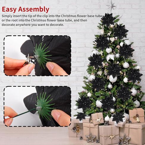 16Pcs Christmas Poinsettia Flower Decorations Artificial Glitter Poinsettia Decorations Black Poinsettia Christmas Ornaments Poinsettia Christmas Tree Decoration for Xmas Wreath Wedding Party Decor in Kuwait