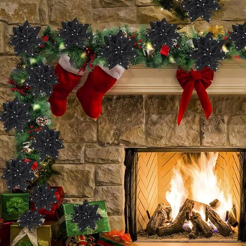 16Pcs Christmas Poinsettia Flower Decorations Artificial Glitter Poinsettia Decorations Black Poinsettia Christmas Ornaments Poinsettia Christmas Tree Decoration for Xmas Wreath Wedding Party Decor in Kuwait