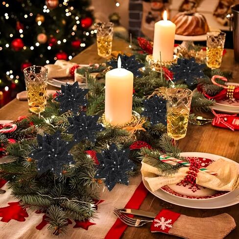 16Pcs Christmas Poinsettia Flower Decorations Artificial Glitter Poinsettia Decorations Black Poinsettia Christmas Ornaments Poinsettia Christmas Tree Decoration for Xmas Wreath Wedding Party Decor in Kuwait