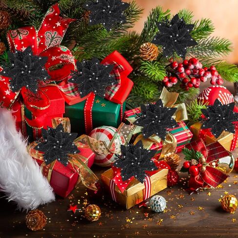 16Pcs Christmas Poinsettia Flower Decorations Artificial Glitter Poinsettia Decorations Black Poinsettia Christmas Ornaments Poinsettia Christmas Tree Decoration for Xmas Wreath Wedding Party Decor in Kuwait