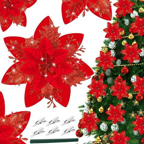 16Pcs Christmas Poinsettia Flower Decorations Artificial Glitter Poinsettia Decorations Black Poinsettia Christmas Ornaments Poinsettia Christmas Tree Decoration for Xmas Wreath Wedding Party Decor in Kuwait