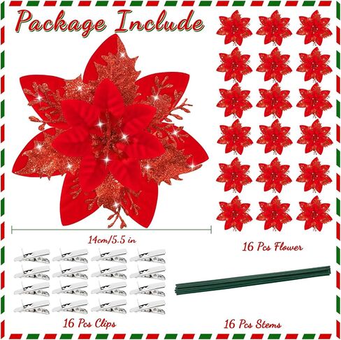 16Pcs Christmas Poinsettia Flower Decorations Artificial Glitter Poinsettia Decorations Black Poinsettia Christmas Ornaments Poinsettia Christmas Tree Decoration for Xmas Wreath Wedding Party Decor in Kuwait