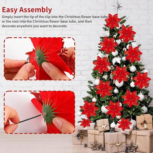 16Pcs Christmas Poinsettia Flower Decorations Artificial Glitter Poinsettia Decorations Black Poinsettia Christmas Ornaments Poinsettia Christmas Tree Decoration for Xmas Wreath Wedding Party Decor in Kuwait