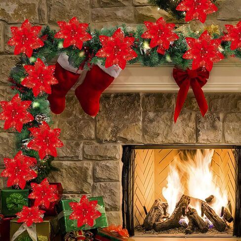 16Pcs Christmas Poinsettia Flower Decorations Artificial Glitter Poinsettia Decorations Black Poinsettia Christmas Ornaments Poinsettia Christmas Tree Decoration for Xmas Wreath Wedding Party Decor in Kuwait