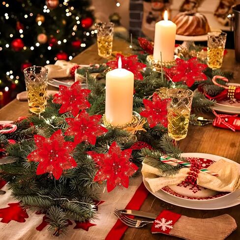 16Pcs Christmas Poinsettia Flower Decorations Artificial Glitter Poinsettia Decorations Black Poinsettia Christmas Ornaments Poinsettia Christmas Tree Decoration for Xmas Wreath Wedding Party Decor in Kuwait