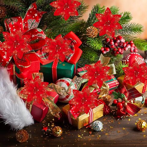 16Pcs Christmas Poinsettia Flower Decorations Artificial Glitter Poinsettia Decorations Black Poinsettia Christmas Ornaments Poinsettia Christmas Tree Decoration for Xmas Wreath Wedding Party Decor in Kuwait
