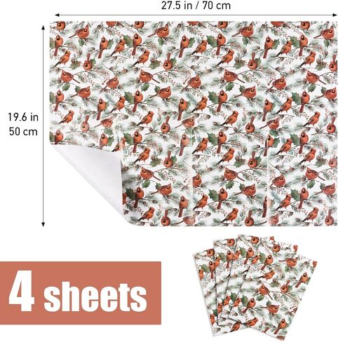 4 أوراق ورق تغليف عيد الميلاد الكاردينال ريد بيرد وهولي بيري تصميم عطلة الشتاء ورق تغليف الهدايا 20 × 28 بوصة in Kuwait