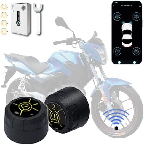 Motorcycle Tire Pressure Monitoring System, Wireless TPMS Tire Pressure and Temperature Alarm, Bluetooth Motorcycle TPMS with 2 External Sensors for Motors, Bikes, Support iOS and Android in Kuwait