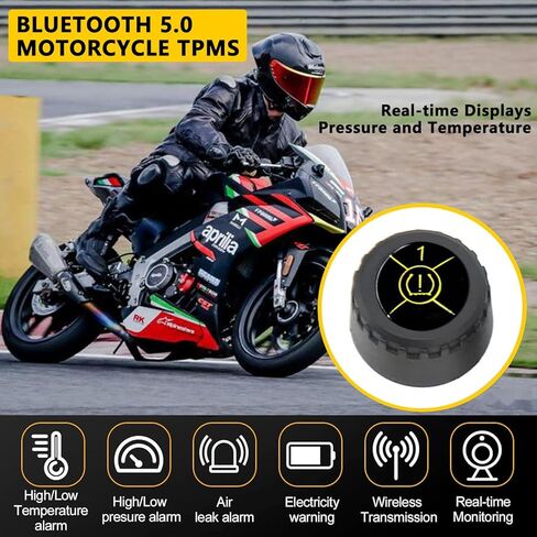 Motorcycle Tire Pressure Monitoring System, Wireless TPMS Tire Pressure and Temperature Alarm, Bluetooth Motorcycle TPMS with 2 External Sensors for Motors, Bikes, Support iOS and Android in Kuwait
