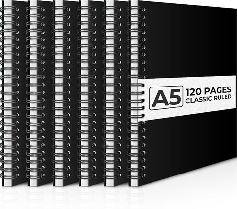 Spiral Lined Notebook, 6 Pack, A5, 8.3 x 5.8", 120 Pages (60 Sheets), Thick Black Water Resistant Hardcover, No-Bleed 100 GSM Lined Paper, Students & Office, Business Diary Ruled Spiral Journal in Saudi Arabia