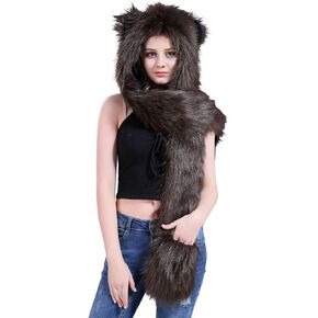 Women Girls Faux Fur Party Animal Hat 3-in-1 Winter Hat with Scarf and Gloves Faux Fur Wolf Bear Hat Xmas Birthday Gift