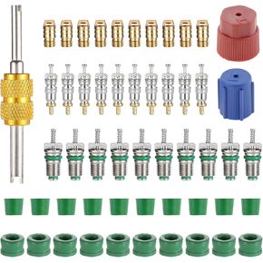 53Pcs Air Conditioning Valve Core Kit-Include R12 R134a Refrigeration Schrader Valve Stem Cores, Valve Core Removal Tool, R410A Hose Gaskets and HVAC System Seal Caps Kit