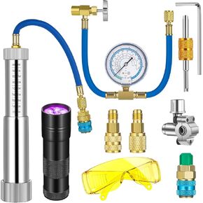 مجموعة حاقن صبغ زيت التيار المتردد وخرطوم إعادة شحن غاز التبريد مع مجموعة قياس R134a R1234yf، تتضمن نظارات واقية من الأشعة فوق البنفسجية الخفيفة لنظام تكييف الهواء في السيارة والمنزل in Kuwait