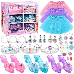 Princess Dress Up Toys & Washable Kids Makeup, Jewelry Boutique Kit, 3 Color Skirts, Shoes, Crowns, Girls Toys for 3 4 5 6 Year old