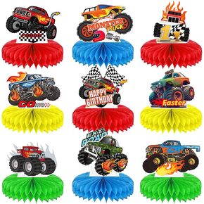 9Pcs Truck Birthday Decorations Truck Honeycomb Centerpieces Monster Truck Table Decorations for Car Theme Birthday Party Supplies