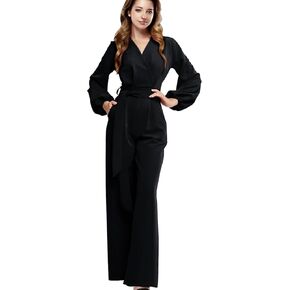 Long Sleeve Jumpsuit for Women Dressy One Piece Outfits Wrap V Neck Wide Leg Pants Rompers with Pockets