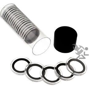 Black Lid Capsule Tube & 20 24mm Black Ring Coin Holders for US Quarters