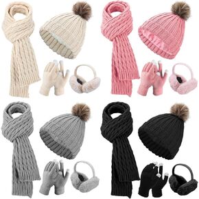16 Pcs Winter Hat Scarf Gloves and Ear Warmer Set 4 in 1 Winter Set Knitted Pompom Hat Scarf Warm Touch Screen Gloves Long Scarf Earmuff for Women Men Homeless Multicolor