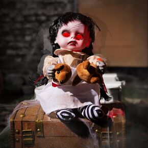 10" Spirit Animatronic Ghost Girl Doll Halloween Decorations-Sound Activated Creepy Sound & Head & Hand Movements Red Eyes Lit, Haunted House Holiday Props, Halloween Spooky Animations
