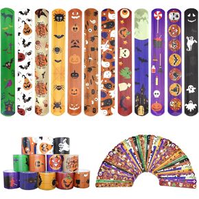 48 PCS Halloween Slap Bracelets for kids bulk, Halloween Snap Bracelets Toys Slap Bracelets Wristbands for Happy Halloween Party Favors