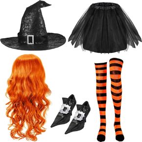 Panitay Halloween Witch Cosplay Costume for Women Witch Hat Tutu Skirt Striped Tights Curly Wig Shoe Covers