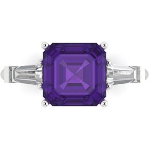 Clara Pucci 3.50 ct Asscher Baguette cut 3 stone Solitaire Natural Amethyst Designer Anniversary Bridal Engagement Ring 14k White Gold