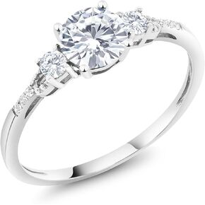 Gem Stone King 10K White Gold Forever One Moissanite White Created Sapphire and White Diamond Accent 3-Stone Engagement Ring | 0.94 Cttw | 3 Stone Wedding Anniversary Ring For Women