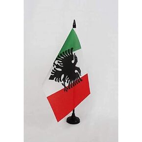 علم طاولة شعب Arbereshe مقاس 5 بوصة × 8 بوصة - علم مكتب الإيطاليين الألبان مقاس 21 × 14 سم - عصا وقاعدة بلاستيكية سوداء - AZ FLAG