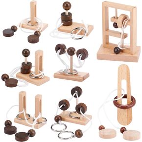 Yilloog 8 Pcs Brain Teaser 3D Wooden Rope Puzzles Set Wooden Threading Rope Loop Puzzle Luban Lock Puzzle Game Brain Games for Adults Desk Challenge Gifts, 14+
